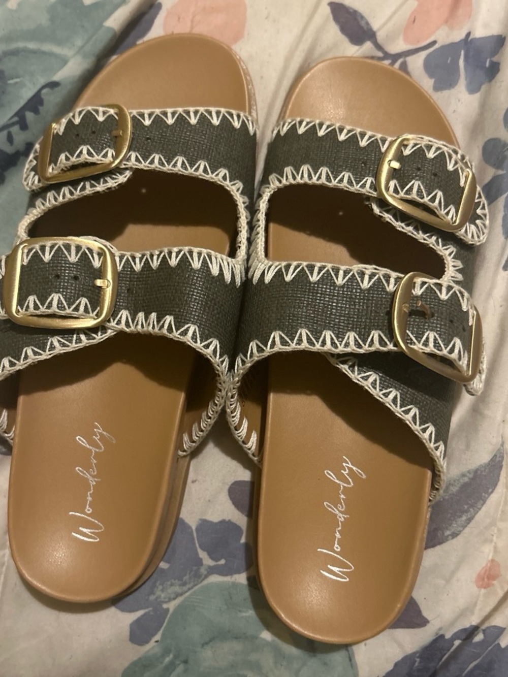 Wonderly Olive Green Double-Buckle Slide Sandals with White Stitching